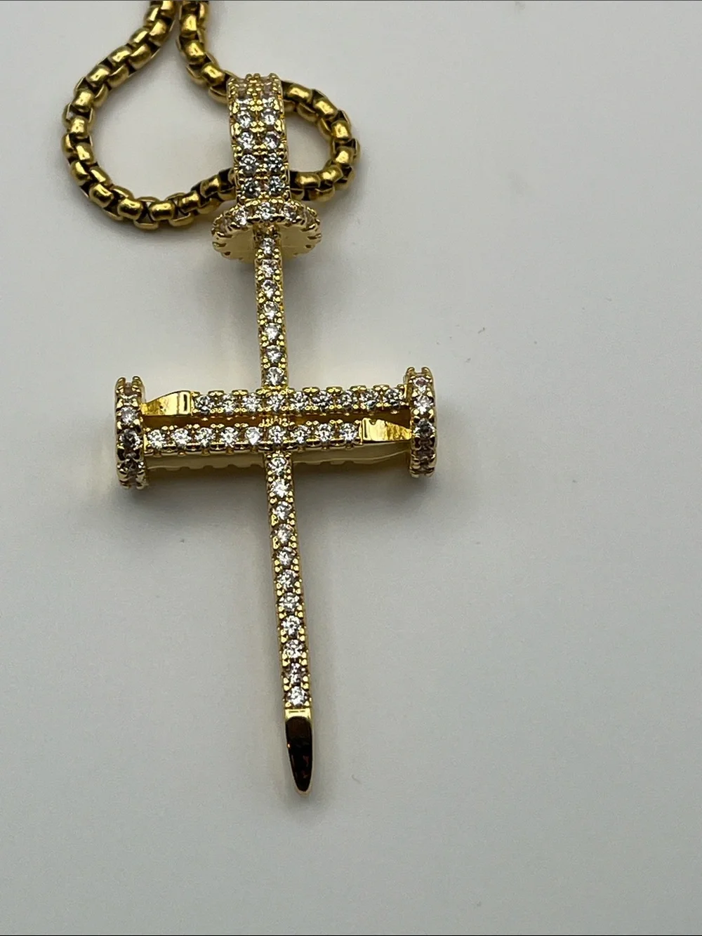 24”, Gold over Stainless Steel Crystal Nail Cross Pendant w/ Rollo Necklace